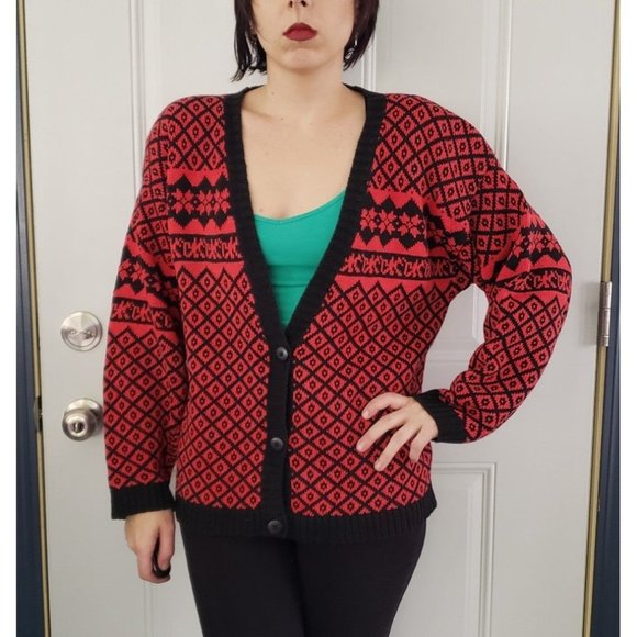 Vintage Sweaters - 80s Red and Black Oversize Cardigan